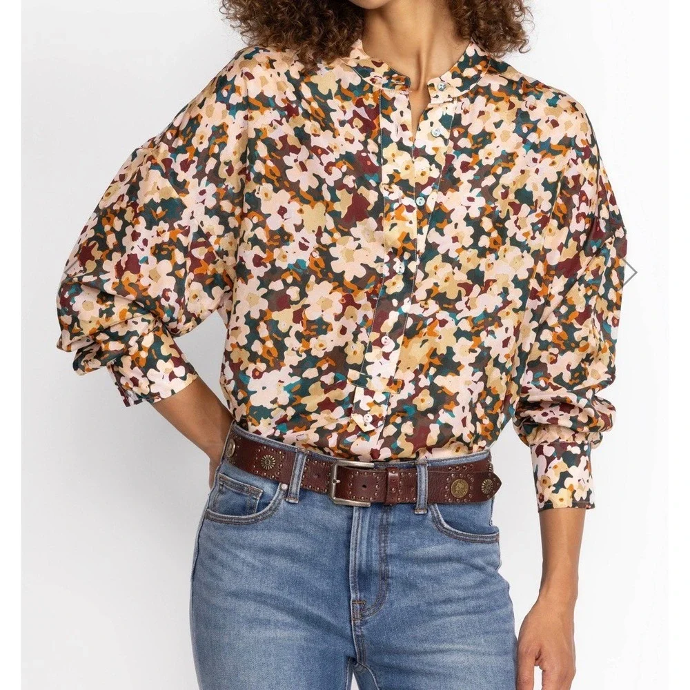 Calme Johnny Was Womens 100% Silk Floral Half Placket Button Blouse Top Size M